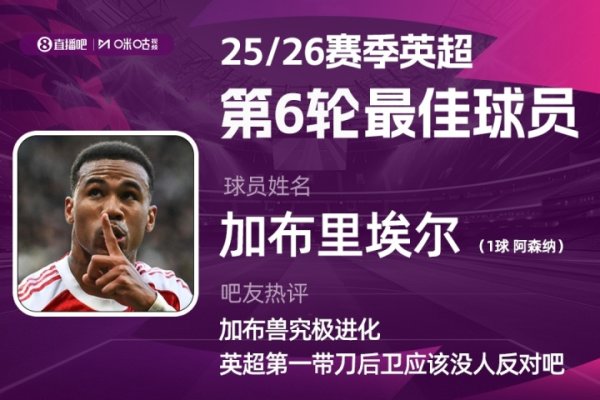 X咪咕体育|英超第6轮最佳：加布里埃尔致胜球   力压哈兰德当选