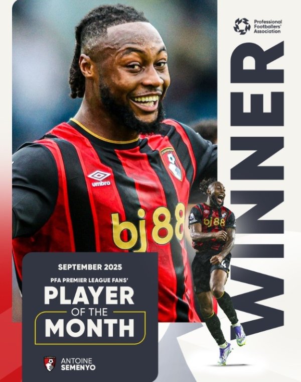 “樱桃”大杀器！PFA官方：3场两球1助，塞梅尼奥当选9月最佳球员