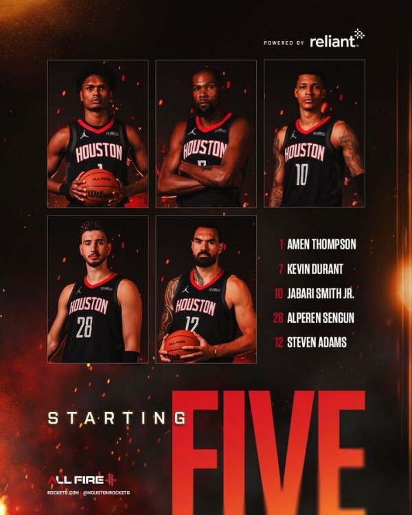 继续五大！火箭揭幕战杆位：阿门、杜兰特、小史、申京、亚当斯